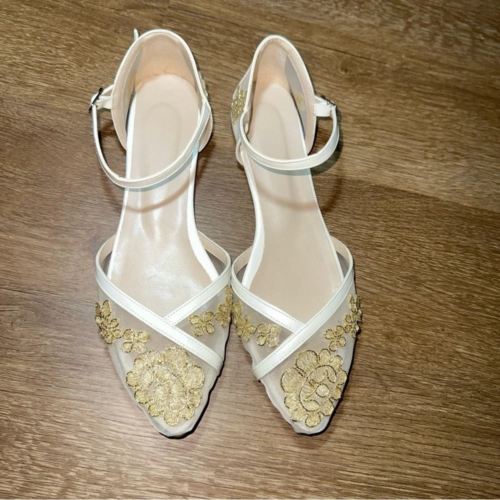 Bridal Ivory Gold Floral Flats Pointed Toe Ankle‎ Strap 42.5